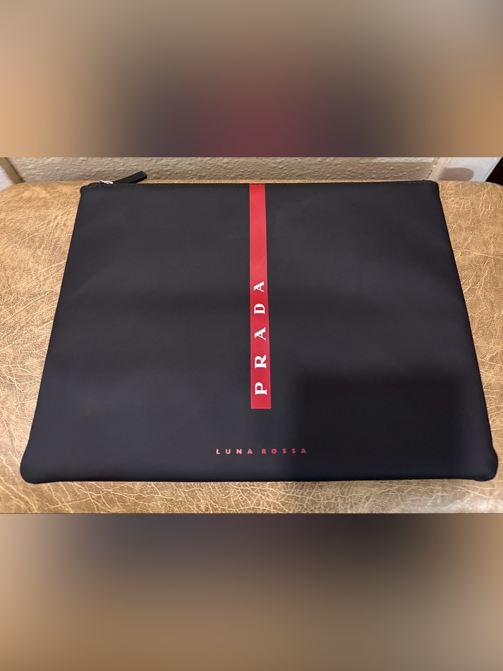 Prada Black Pouch with Red Vertical PRADA Stripe